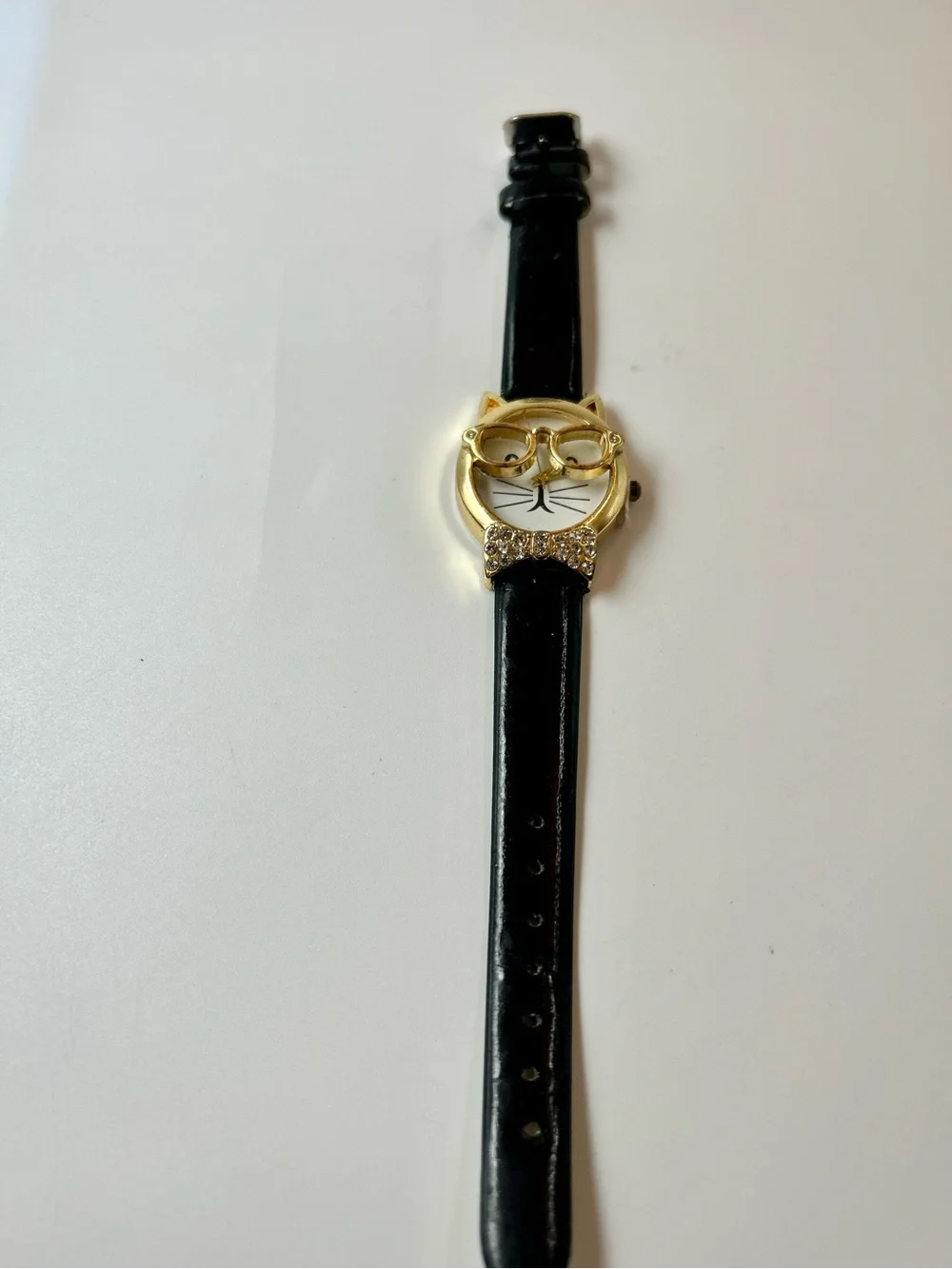 Cat Face Watch with Gold Accents and Black Strap